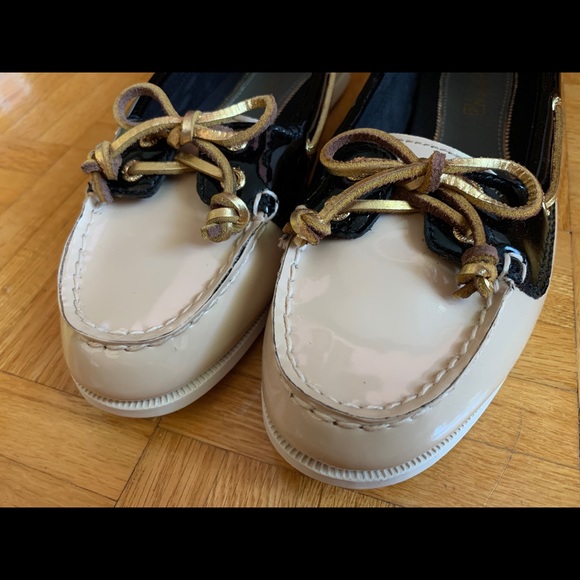 Sperry Top Sider Boat Shoe Flat Beige Black Gold 6 - Picture 6 of 16
